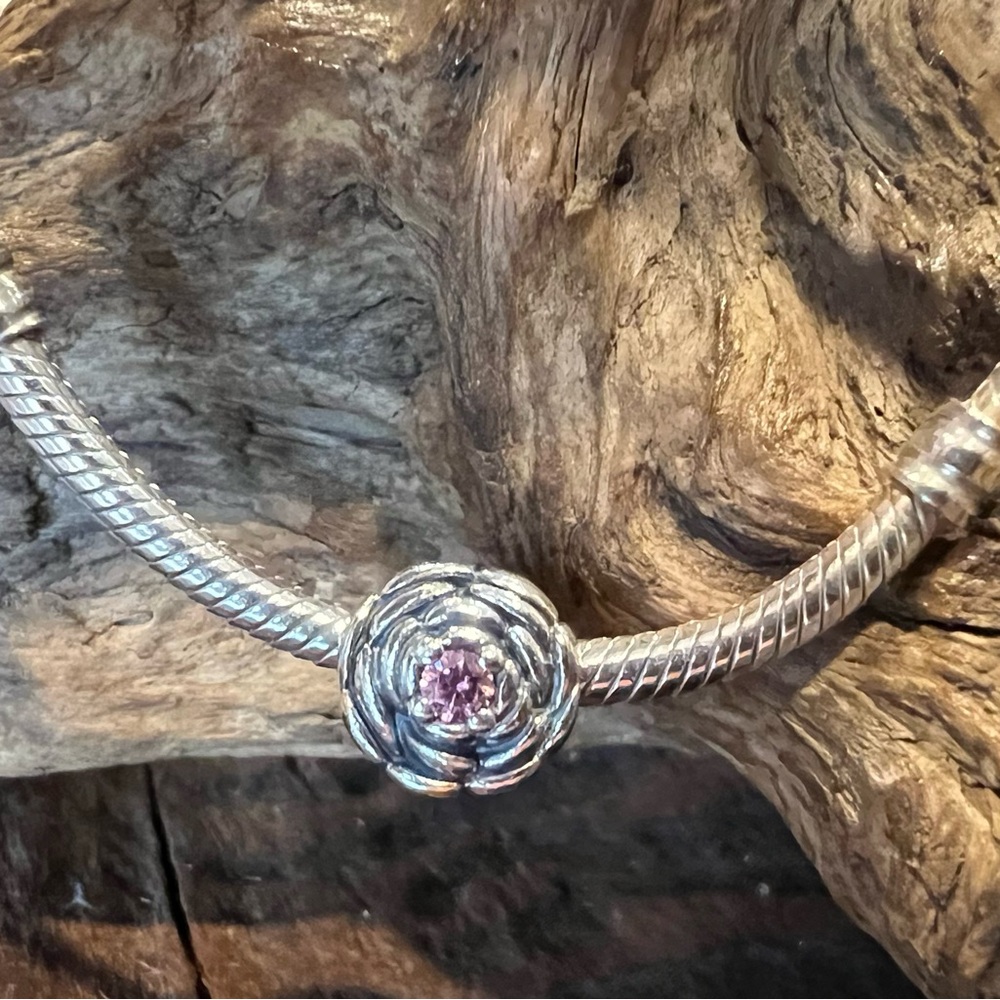 Authentic Pandora Charm Blooming Rose Bead with Salmon Pink CZ Silver Bead